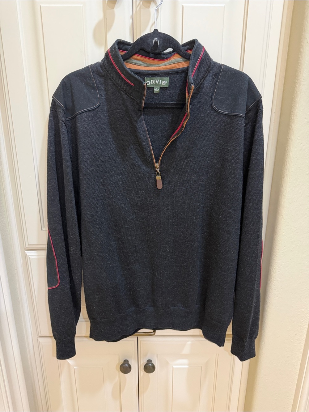Orvis Men's Black Quarter-Zip Sweater with Red Trim and Contrast Collar